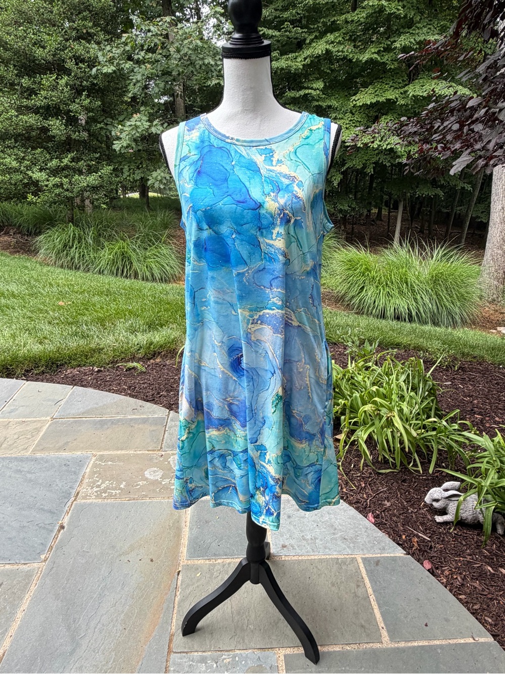 Blue Marble Print Sleeveless Dress